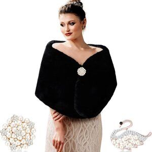 Women's Faux Fur Shawl Wrap with Rhinestone Brooches for Winter Formal Wedding